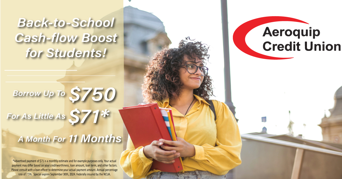 Person holding books smiling. Text reads back to school cash flow boost for students. Borrow up to $750 for as little as $71* a month for 11 months. 