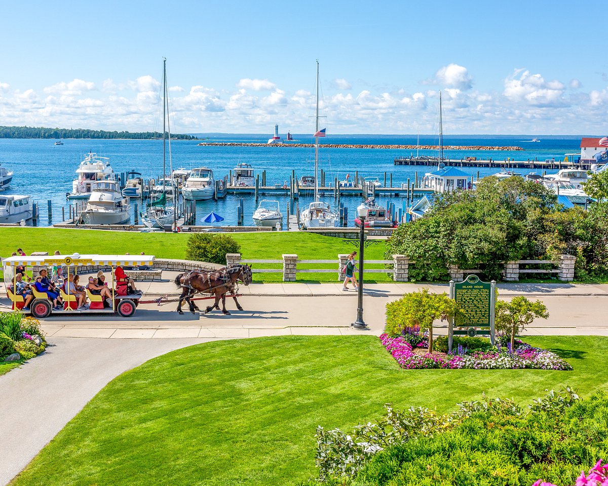 Horse pulling a carriage of people along a road next to the great lake with boats filling the water. 